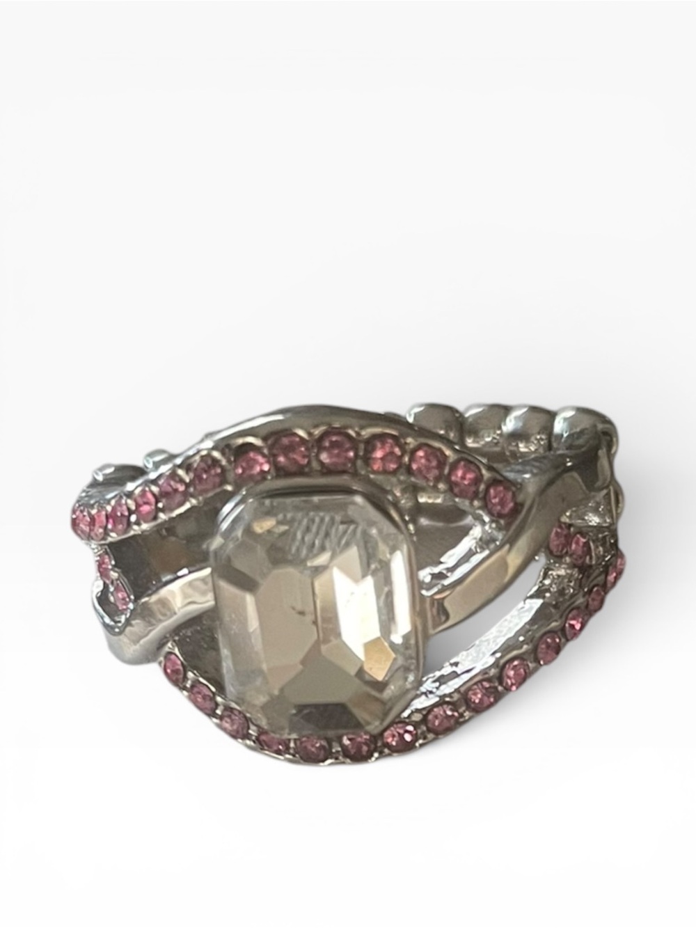 Silver-Tone Pink Rhinestone Stretchable Ring EUC